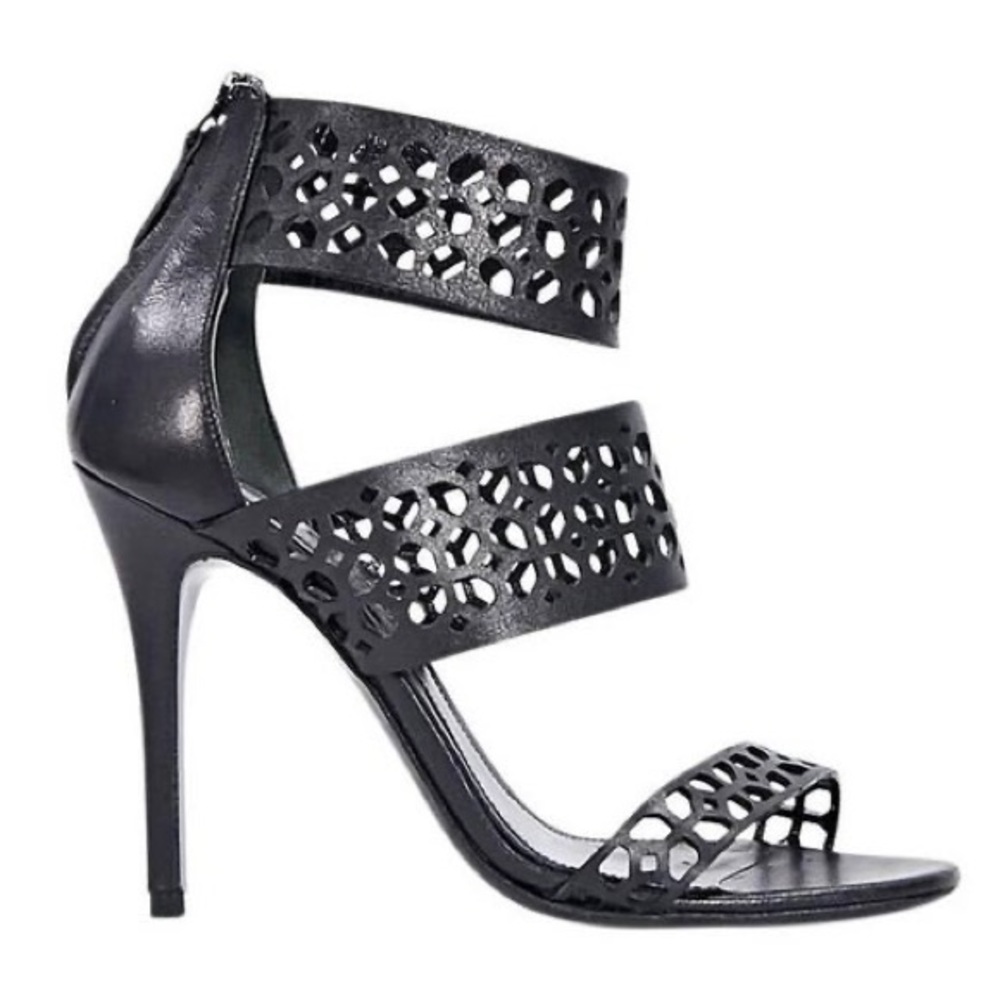 Alexander McQueen Triple-Band Laser-Cut Leather Sandal, Black